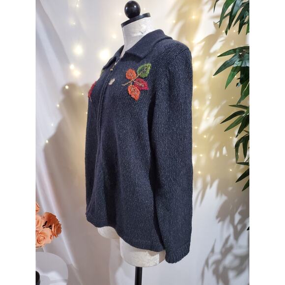 Vtg Mandal Bay Fall Crochet Leaf Acorn Zip Sweater Womens Size M Blue Granny - Picture 4 of 9